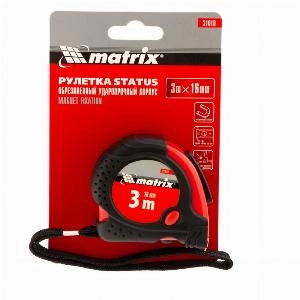 Рулетка Status Magnet fixation,3 м х 16 мм,обрезиненный корпус,зацеп с магнитом Matrix